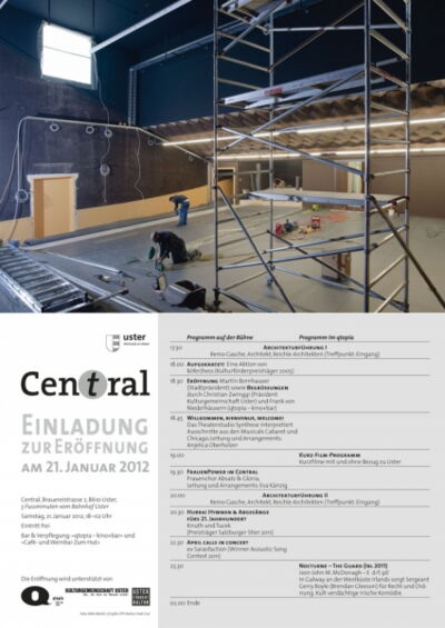 Einladungskarte zur Eröffnung des neuen Kulturzentrums «Central» im Januar 2012 (Vorderseite mit Bild, Rückseite mit Programm).