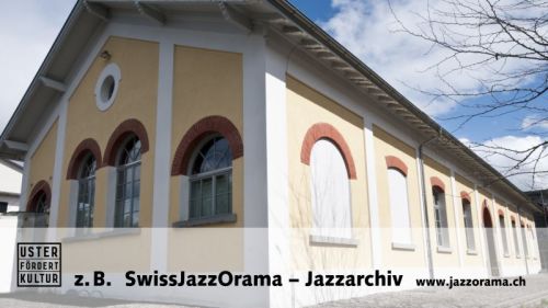 Werbung im Kino, Kino-Dia  z.B. für die Kulturförderung der Stadt Uster + das Schweizer Jazzarchiv SwissJazzOrama