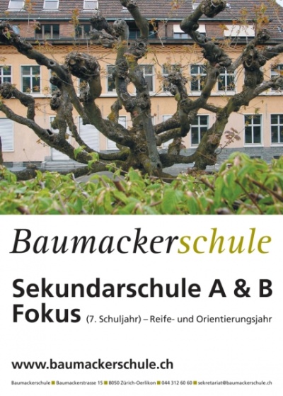 Werbung für die Baumackerschule in den Zürcher Trams (Kleinplakat im Format 25 x 35cm).
