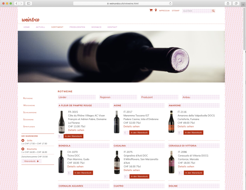 Website von Weinundco, des kleinen, feinen Weinladens in Uster